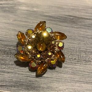 Vintage Amber Rhinestone Floral Brooch
